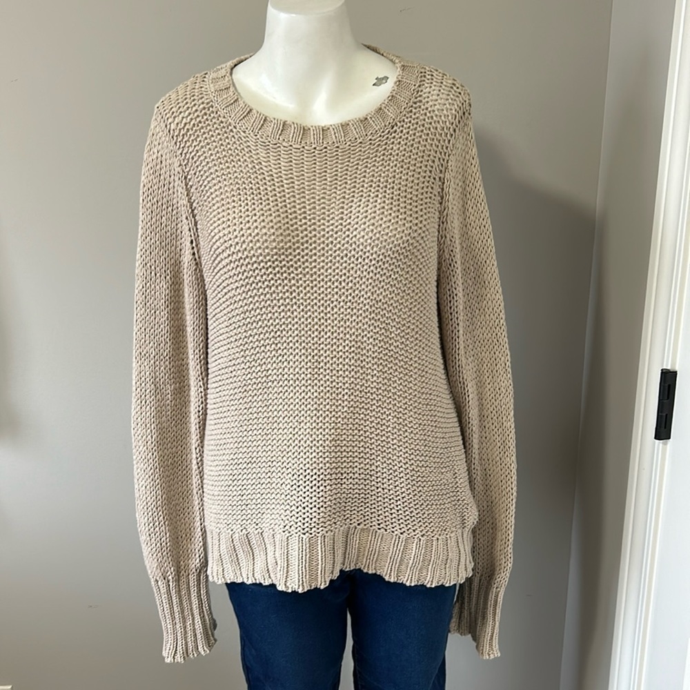 WOODEN SHIPS Open Knit Crewneck Sweater Long Sleeve Tan Anthropologie Sz S/M